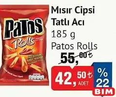 PATOS ROLLS MISIR CİPSİ TATLI ACI 185 G